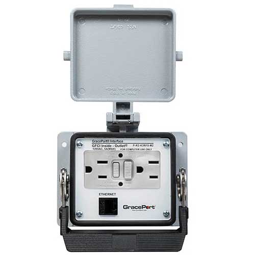 GRACE P-R2-K3RF0-M2 RJ45 ETHERNET 15AMP 120VAC DUPLEX GFCI INSIDE-OUTLET NEMA12/4 PANEL MOUNT METAL 2.50" HOLE PATTERNÿGRACE P-R2-K3RF0-M2